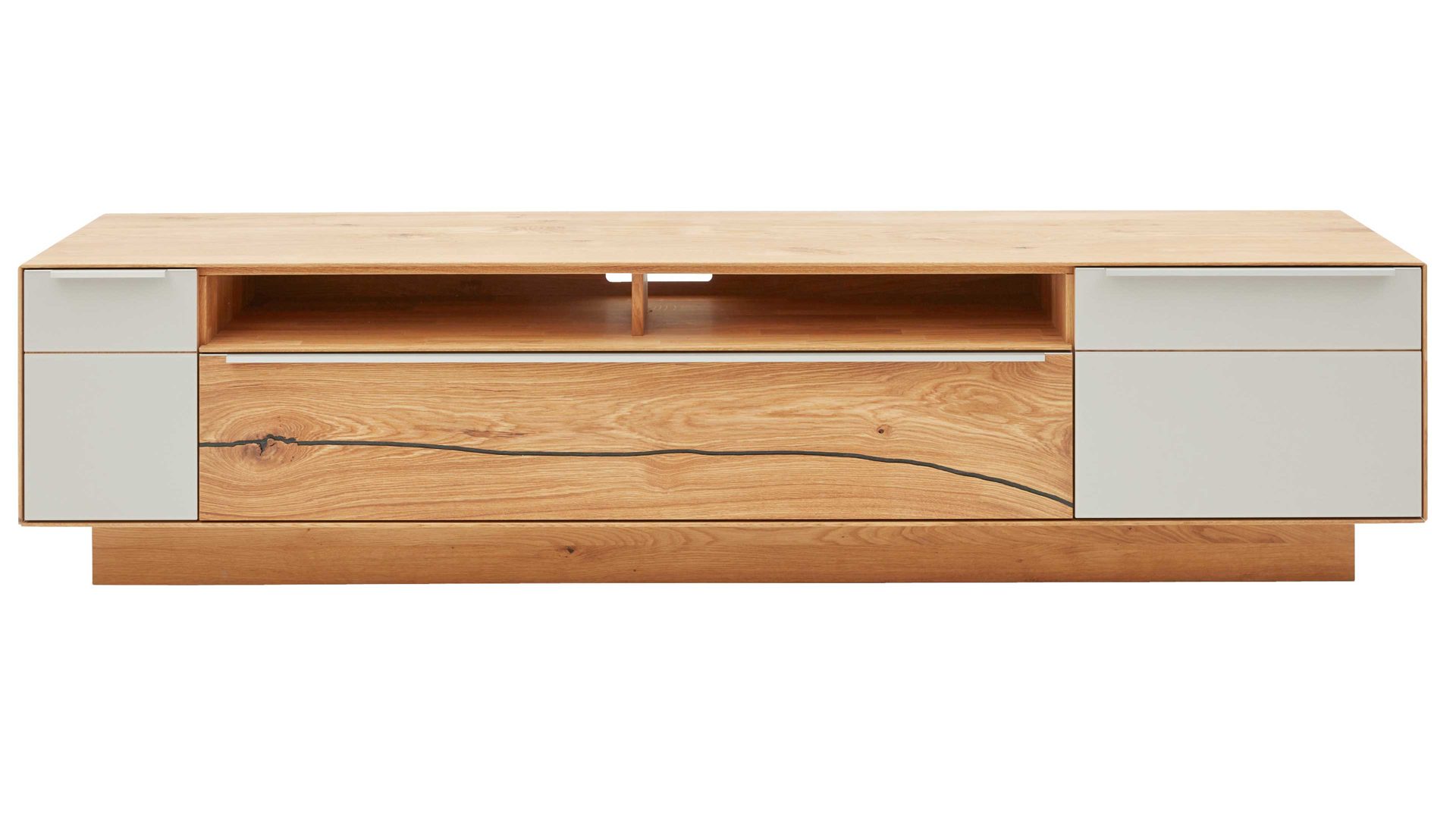 Lowboard Interliving aus Holz in Hellgrau Interliving Wohnzimmer Serie 2020 - Lowboard 151607 Asteiche & Schlamm – Breite ca. 242 cm