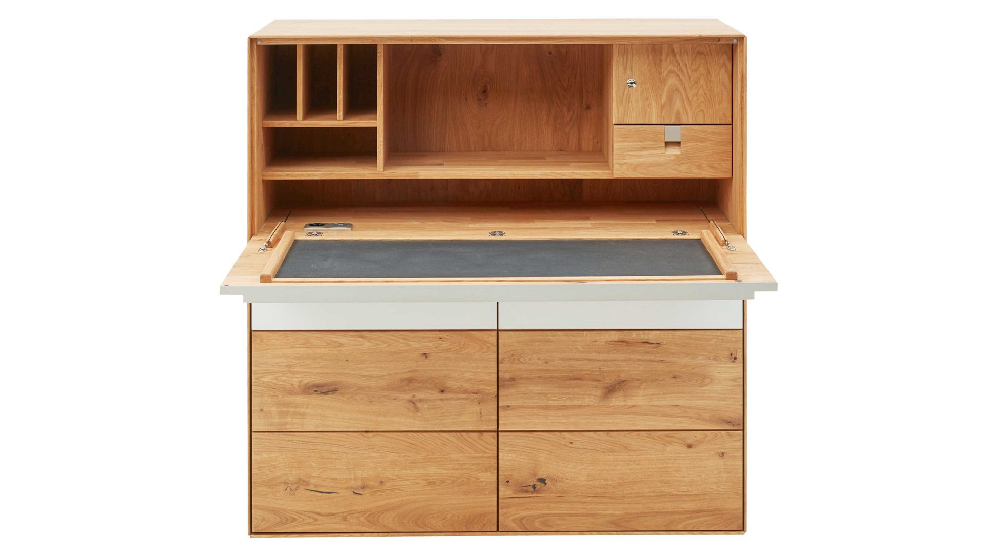 Schreibtisch Interliving aus Holz in Weiß Interliving Wohnzimmer Serie 2020 - Highboard 151197 Optiwhite, Asteiche & Riss-Eiche – Schreibplatte, zwei Türen
