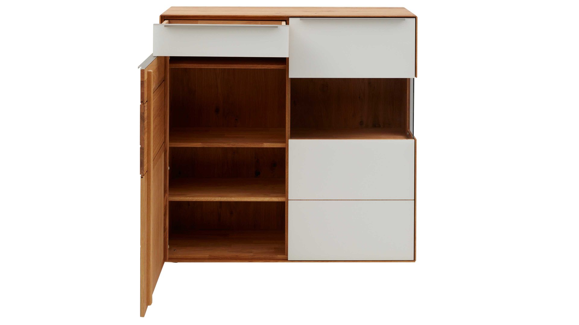 Highboard Interliving aus Holz in Weiß Interliving Wohnzimmer Serie 2020 - Highboard 151124 Optiwhite, Asteiche & Riss-Eiche – zwei Türen, eine Schublade