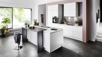 Einbauküche Nolte® küchen aus Holz in Weiß nolte® Einbauküche Soft mit AEG-Einbaugeräten Weiß & Quarzgrau – zweiteilig