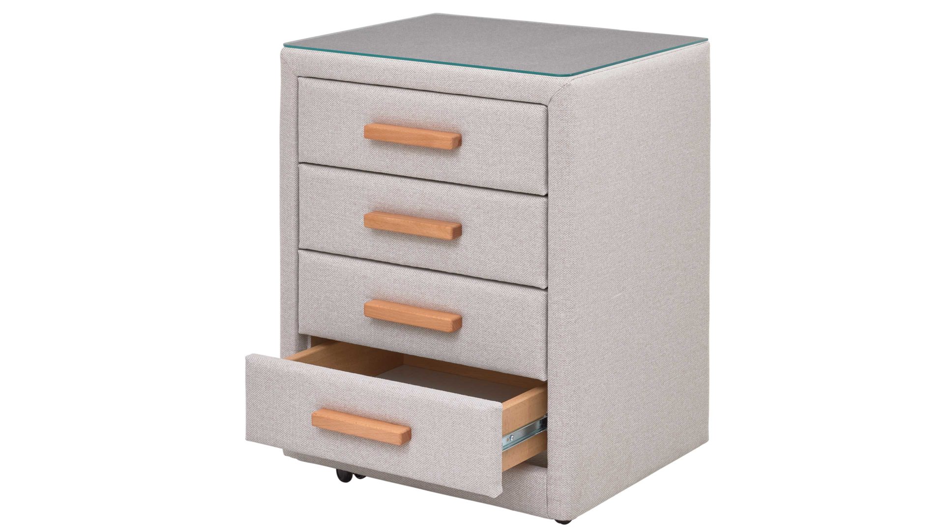 Nachtkommode Interliving aus Stoff in Beige Interliving Boxspringbett Serie 1415 - Nachtkommode NK I830 hellbeiger Stoffbezug TBB 2 - vier Schubladen