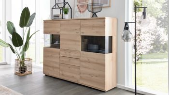 Highboard Interliving aus Holz in Holzfarben Hell Interliving Wohnzimmer Serie 2110 - Highboard Naturbuche - drei Türen, drei Schubladen, Breite ca. 180 cm