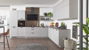 Einbauküche culineo® aus Holz in Hellgrau Culineo® Einbauküche C317 mit beko Einbaugeräten Steingrau & Eiche Sierra - Stellfläche ca. 365 x 363 cm