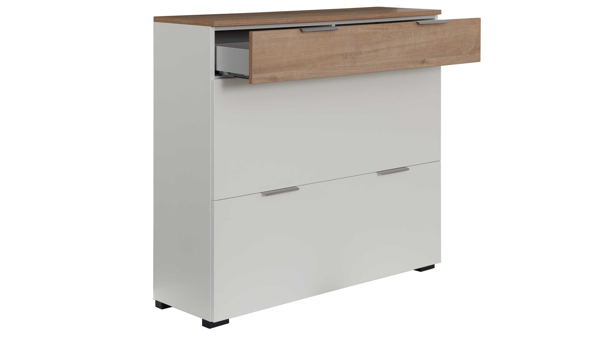 Schuhschrank Interliving aus Holz in Weiß Interliving Garderobe Serie 6012 - Schuhschrank INL-202 weißer Mattlack & Steineiche - eine Schublade, zwei Klappen, Breite ca. 120 cm