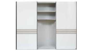Kleiderschrank Interliving aus Holz in Hellgrau Interliving Schlafzimmer Serie 1032 – Schwebetürenschrank Kieselgrau & Weiß - drei Türen, Breite ca. 300 cm