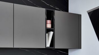 Einbauküche Nobilia® aus Holz in Dunkelgrau nobilia® Einbauküche Laser mit Constructa-Elektrogeräten Taupegrau & Marmor Venato Nero - Stellfläche ca. 368 x 215 cm