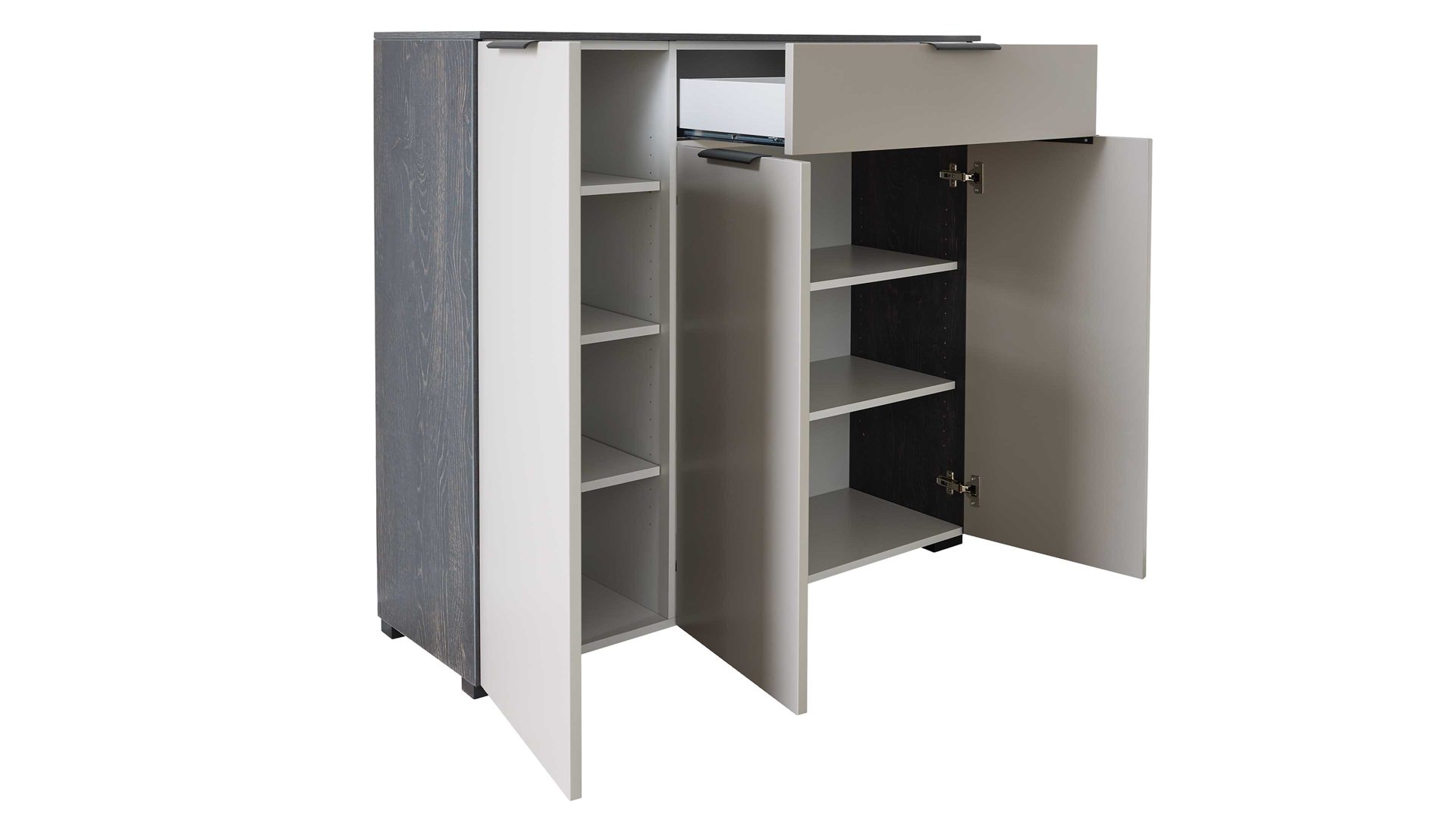 Kombikommode Interliving aus Holz in Grau Interliving Garderobe Serie 6012 - Kombikommode graubeiger Mattlack & Räuchereiche - drei Türen, eine Schublade, Breite ca. 120 cm