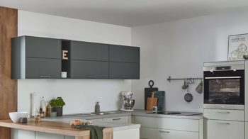 Einbauküche Nobilia® aus Holz in Hellgrün nobilia® Einbauküche Senso mit BORA Muldenlüfter Mineralgrün & Taxus - Stellfläche ca. 290 x 305 cm