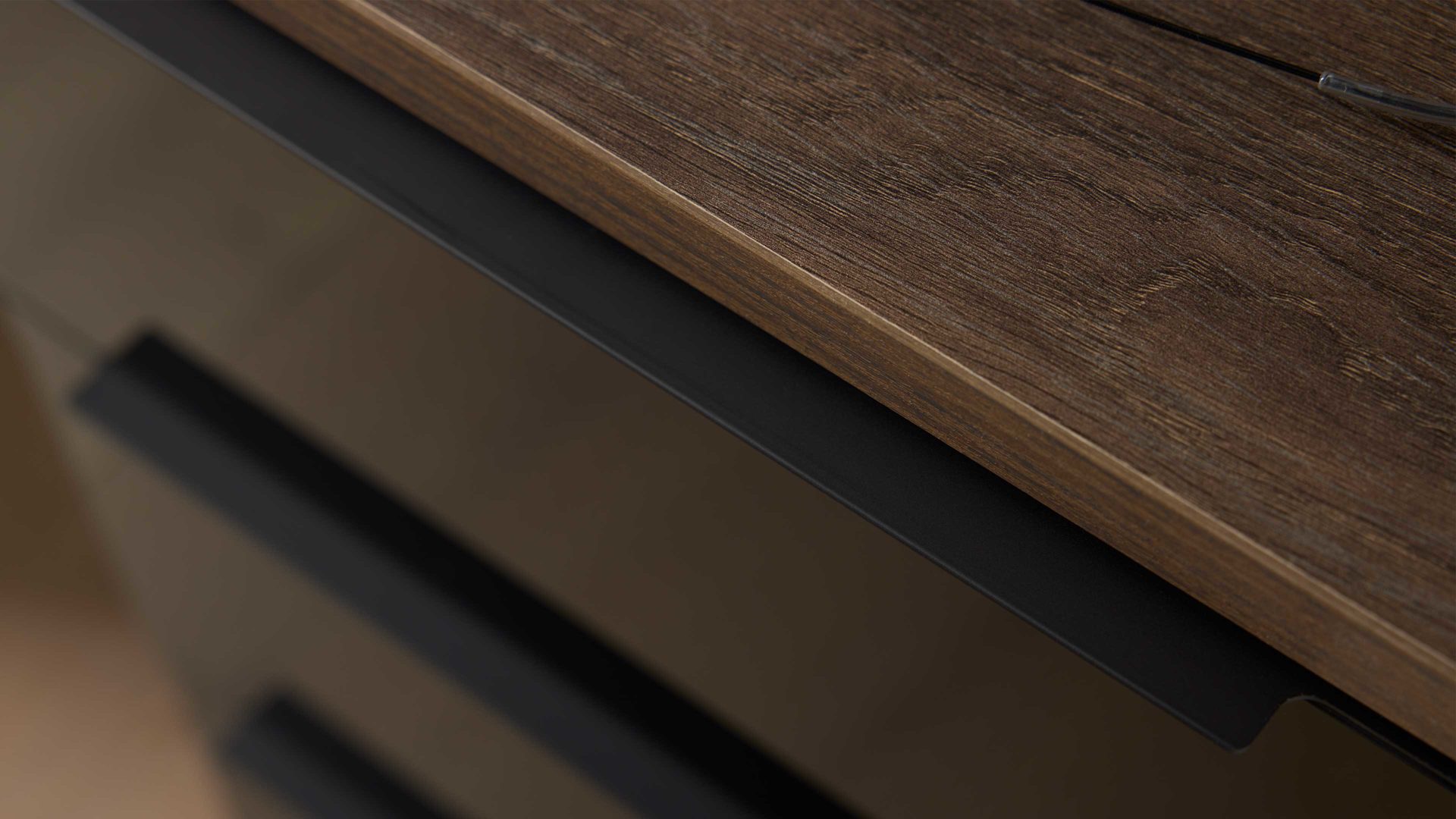 Nachtkommode Interliving aus Holz in Schwarz Interliving Kleiderschrank Serie 1208 - Nachtkommode 86719 Schwarzglas & Atlantic Eiche - drei Schubladen, Breite ca. 40 cm