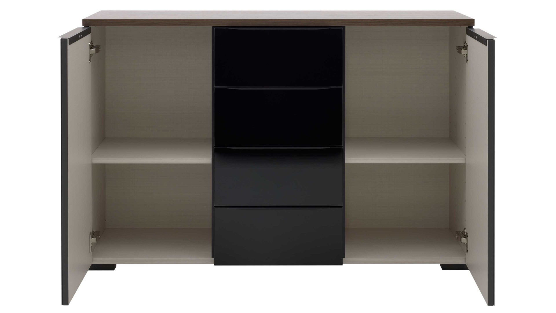 Kombikommode Interliving aus Holz in Schwarz Interliving Kleiderschrank Serie 1208 - Kombikommode 91608 Schwarzglas & Atlantic Eiche - zwei Türen, vier Schubladen, Breite ca. 120 cm