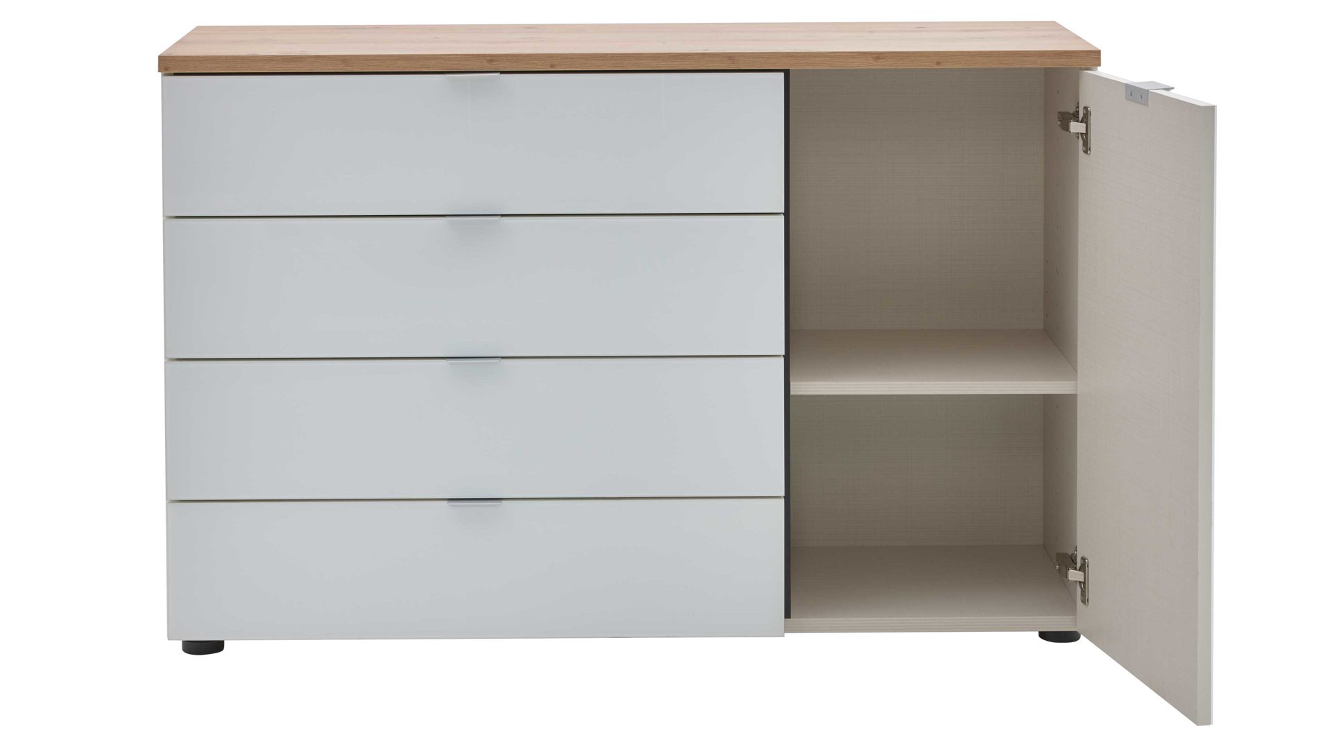 Kombikommode Interliving aus Holz in Weiß Interliving Kleiderschrank Serie 1208 - Kombikommode 91608 alpinweißes Glas & Artisan Eiche - eine Tür, vier Schubladen, Breite ca. 120 cm