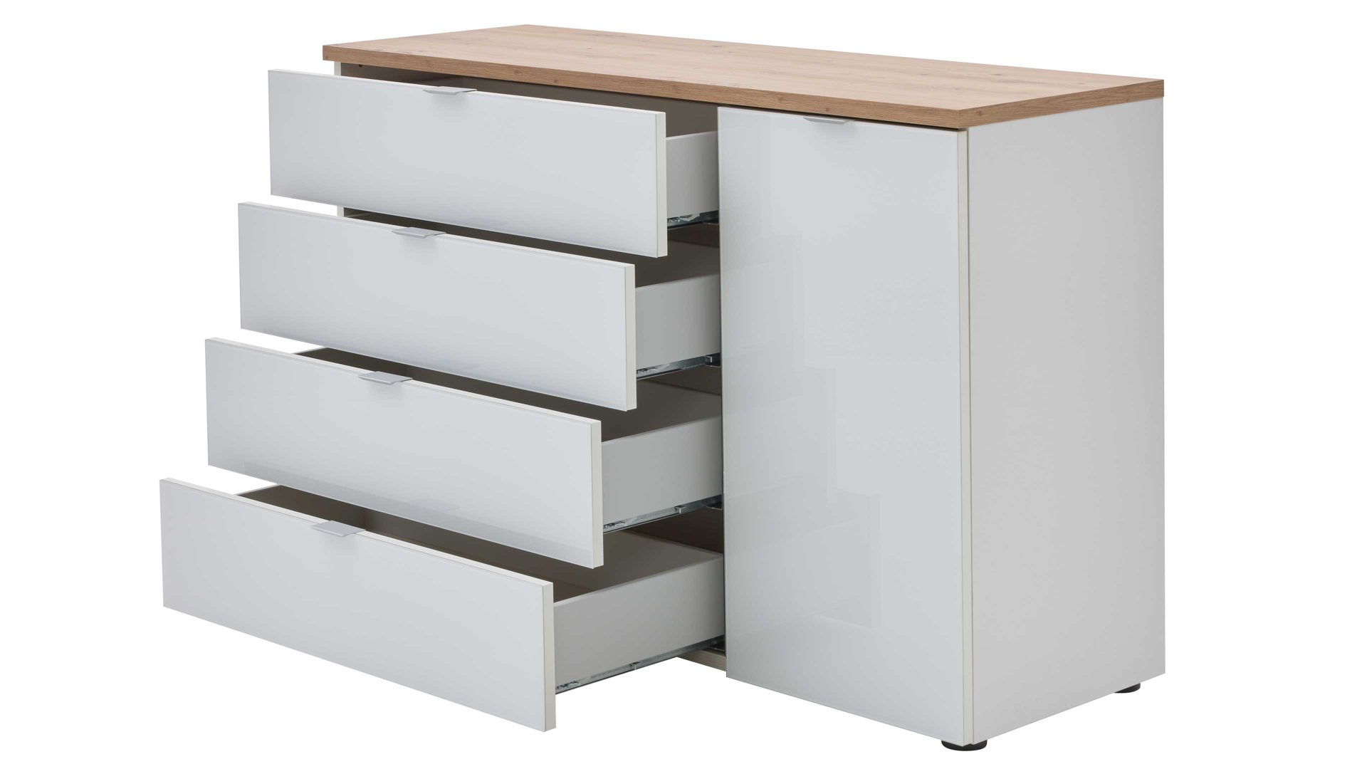 Kombikommode Interliving aus Holz in Weiß Interliving Kleiderschrank Serie 1208 - Kombikommode 91608 alpinweißes Glas & Artisan Eiche - eine Tür, vier Schubladen, Breite ca. 120 cm
