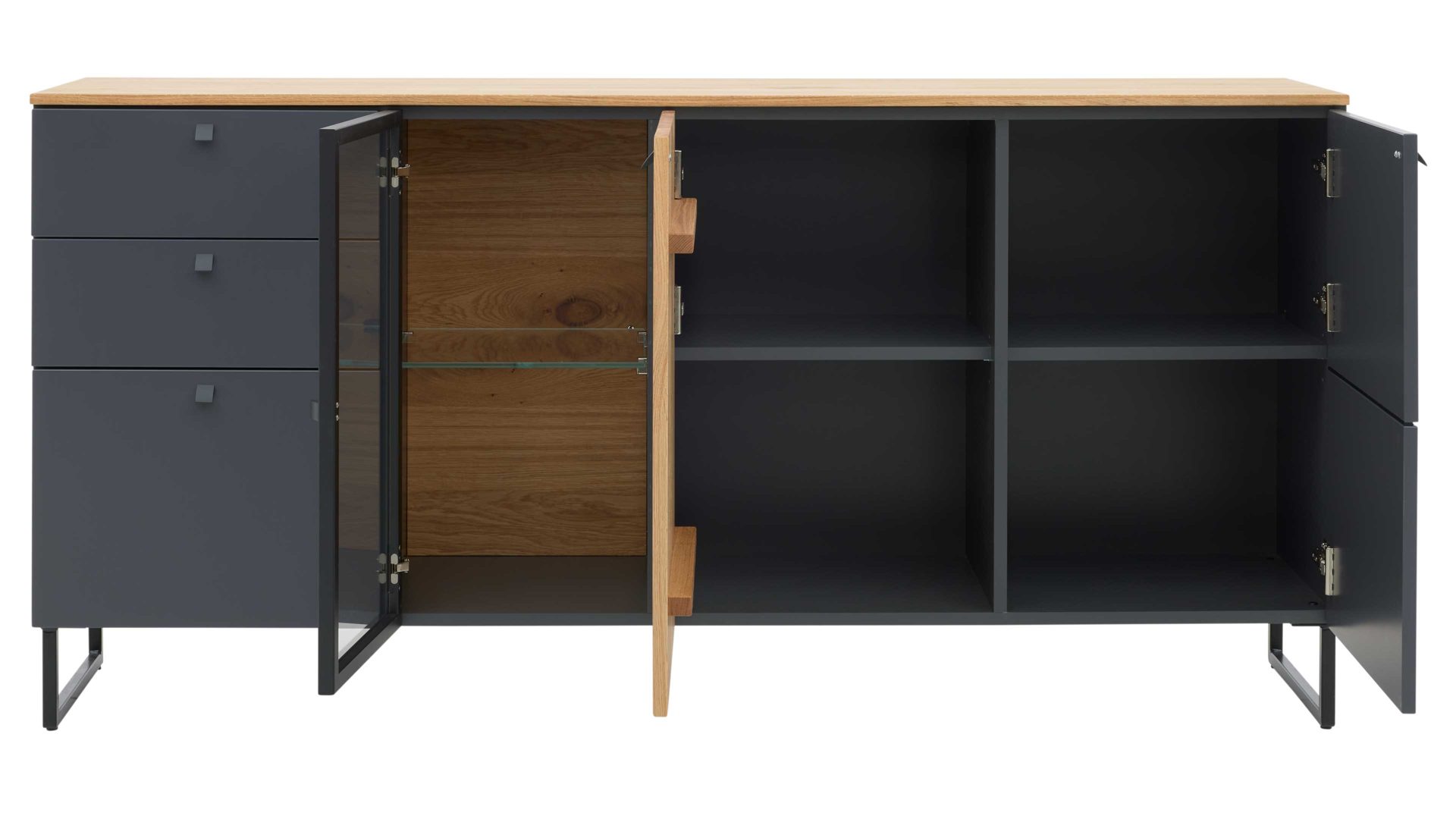Sideboard Interliving aus Holz in Dunkelgrau Interliving Esszimmer Serie 5605 – Sideboard quarzgrauer Lack & Charakter-Eiche - drei Türen, drei Schubladen, Breite ca. 183 cm