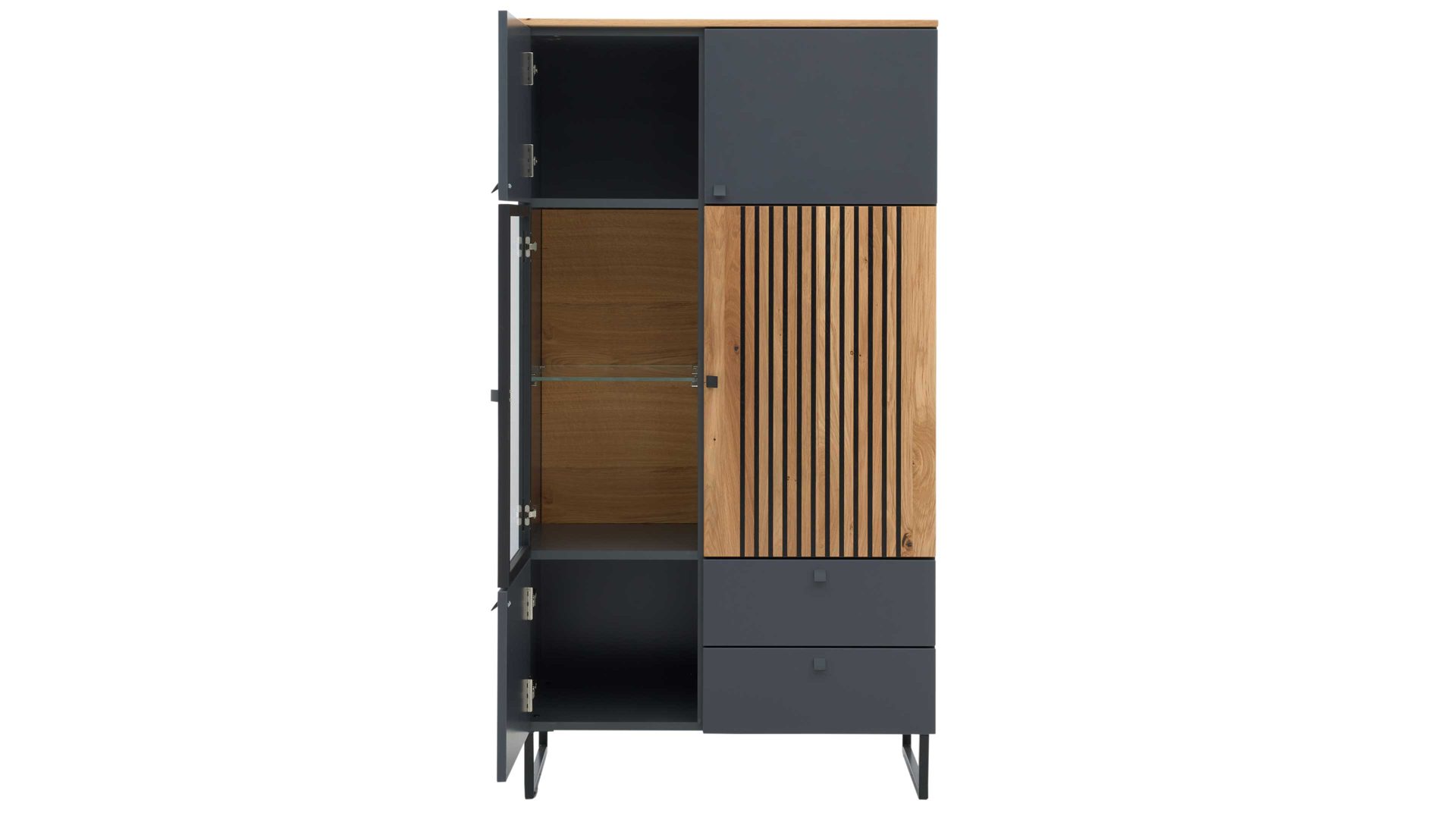 Highboard Interliving aus Holz in Dunkelgrau Interliving Esszimmer Serie 5605 – Highboard 5774 quarzgrauer Lack & Charakter-Eiche - fünf Türen, zwei Schubladen, Breite ca. 86 cm