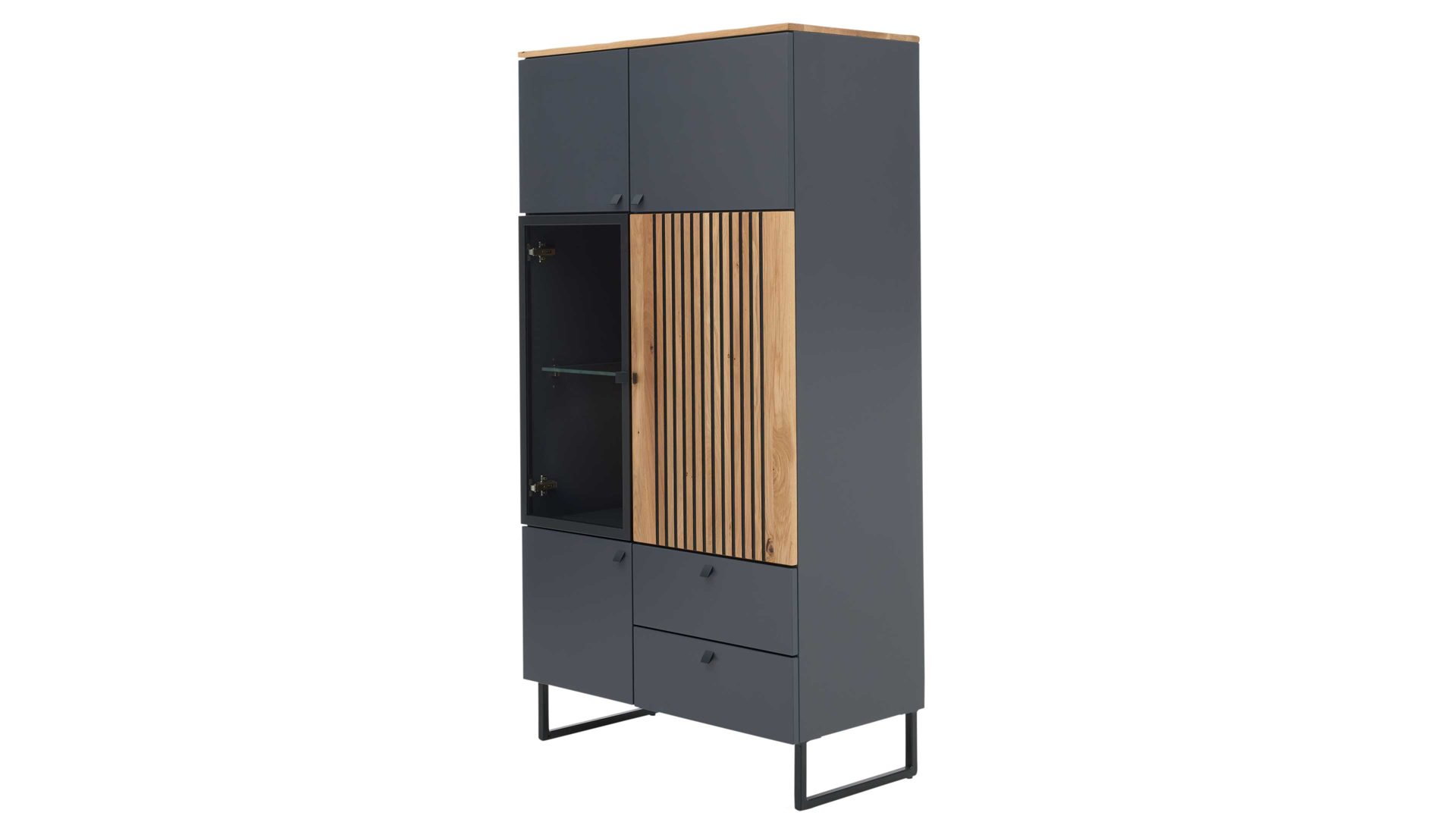 Highboard Interliving aus Holz in Dunkelgrau Interliving Esszimmer Serie 5605 – Highboard quarzgrauer Lack & Charakter-Eiche - fünf Türen, zwei Schubladen, Breite ca. 86 cm