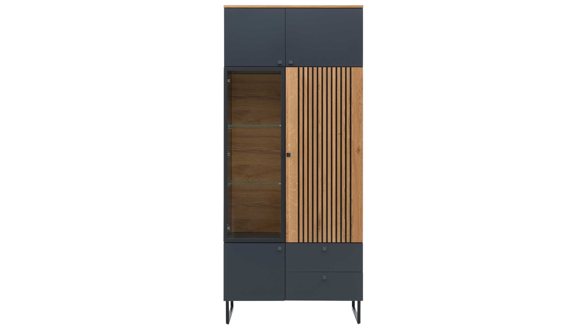 Vitrine Interliving aus Holz in Dunkelgrau Interliving Esszimmer Serie 5605 – Vitrine quarzgrauer Lack & Charakter-Eiche - fünf Türen, zwei Schubladen, Höhe ca. 194 cm
