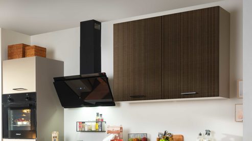 Einbauküche Express küchen aus Holz in Hellgrau EXPRESS KÜCHEN Einbauküche Win mit Einbaugeräten Cremegrau & Stripe Dunkelbraun - Länge ca. 280 cm