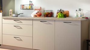 Einbauküche Express küchen aus Holz in Holzfarben Hell EXPRESS KÜCHEN Einbauküche Win mit Einbaugeräten Cremegrau & Stripe Hellbraun - Länge ca. 280 cm