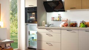 Einbauküche Express küchen aus Holz in Holzfarben Hell EXPRESS KÜCHEN Einbauküche Win mit Einbaugeräten Cremegrau & Stripe Hellbraun - Länge ca. 280 cm