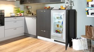 Einbauküche Express küchen aus Holz in Holzfarben Dunkel EXPRESS KÜCHEN Einbauküche Win mit Einbaugeräten Hellgrau & Stripe Dunkelbraun - Stellfläche ca. 225 x 250 cm