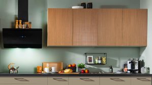 Einbauküche Express küchen aus Holz in Holzfarben Hell EXPRESS KÜCHEN Einbauküche Win mit Einbaugeräten Cremegrau & Stripe Hellbraun - Länge ca. 390 cm