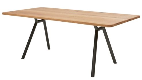 Tischgruppe Interliving aus Leder in Beige Interliving Esszimmer Serie 5115 - sechsteilige Essgruppe milchkaffeefarbenes Leder Tendens Latte, anthrazitfarbenes Metall & astige Eiche