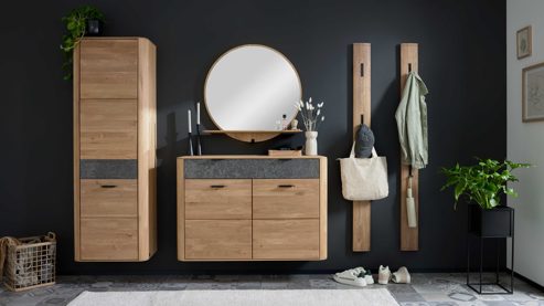 Garderoben-Set Interliving aus Holz in Holzfarben Interliving Garderoben Serie 6014 - Garderobenkombination Wildeiche & Granitfurnier - fünfteilig
