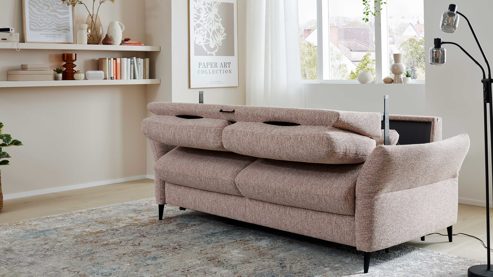 Schlafsofa Interliving aus Stoff in Rosa Interliving Schlafsofa Serie 4700 - Schlafsofa 160LÄ sienafarbener Webstoff Loft & schwarze Aluminiumfüße - Breite ca. 228 cm