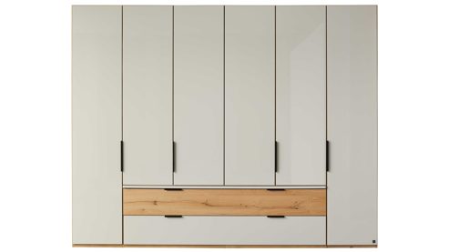 Kleiderschrank Interliving aus Holz in Hellgrau Interliving Schlafzimmer Serie 1034 – Kleiderschrank champagnerfarbenes Glas & Kernholz – sechs Türen & zwei Schubladen, Breite ca. 300 cm