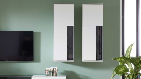 Wohnwand Interliving aus Holz in Weiß Interliving Wohnzimmer Serie 2031 - Wohnlösung EB27001 Tonweiß & graues Glas - Länge ca. 270 cm