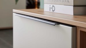 Lowboard Interliving aus Holz in Beige Interliving Wohnzimmer Serie 2032 - Lowboard Sandbeige & Balkenbuche - dreiteilig, Länge ca. 210 cm