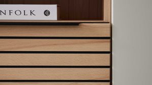 Lowboard Interliving aus Holz in Beige Interliving Wohnzimmer Serie 2032 - Lowboard Sandbeige & Balkenbuche - dreiteilig, Länge ca. 210 cm
