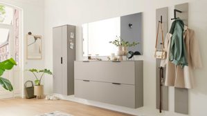 Garderoben-Set Interliving aus Holz in Hellgrau Interliving Garderobe Serie 6012 - Garderoben-Set 01 graubeiger Mattlack - fünfteilig