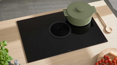 Einbauküche culineo® aus Holz in Hellgrau Culineo® Einbauküche C615 mit BORA Induktionsfeld Seidengrau & Eiche Como - zweizeilig