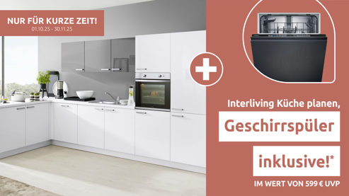 Einbauküche Interliving aus Holz in Weiß Interliving Küche Serie 3022 mit privileg Einbaugeräten Weiß & Lava Hochglanz – Stellfläche ca. 185 x 380 cm