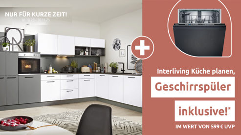 Einbauküche Interliving aus Holz in Weiß Interliving Küche Serie 3032 mit privileg Einbaugeräten Weiß & Quarzgrau - Stellfläche ca. 395 x 245 cm