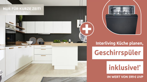 Einbauküche Interliving aus Holz in Weiß Interliving Küche Serie 3043 mit privileg Einbaugeräten Weiß & Vulkaneiche – Stellfläche ca. 365 x 258 cm