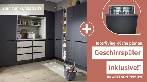 Einbauküche Interliving aus Holz in Schwarz Interliving Küche Serie 3073 - Vorratsraumlösung Mattschwarz & Beton – Stellfläche ca. 289 x 219 cm