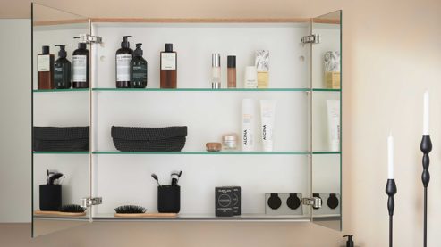 Badmöbel-Set Interliving aus Holz in Schwarz Interliving Bad Serie 3725 – Badmöbel-Set mit Extras Eiche Sierra & Marmor Venato Nero