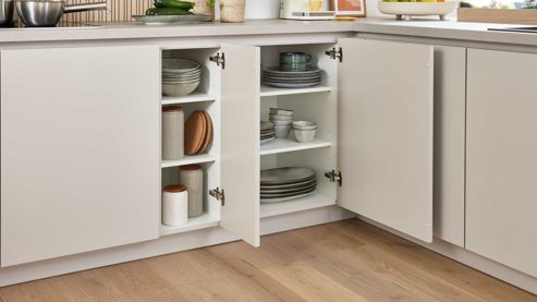 Einbauküche culineo® aus Holz in Beige Culineo® Einbauküche C945 mit beko Einbaugeräten Sand - Stellfläche ca. 377 x 300 cm